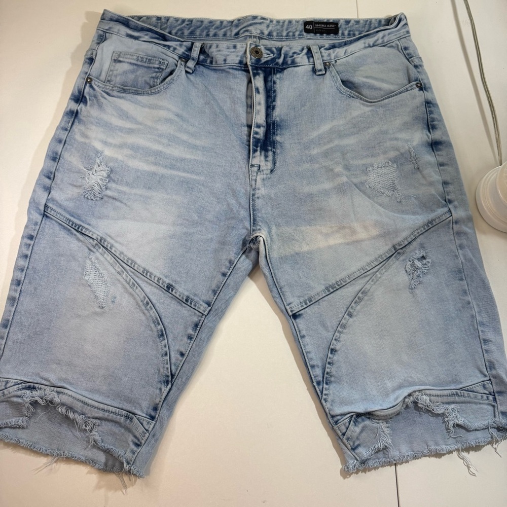 Smoke Rise men shorts size 40 painted acid distressed rip light wash blue